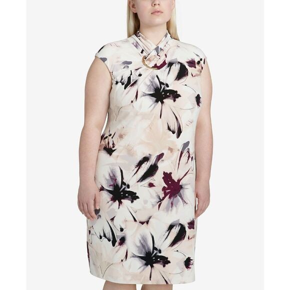 New! CALVIN KLEIN Women's Plus Size Twist-Collar Floral Jersey Sheath Dress 2X - Picture 6 of 8
